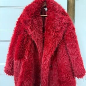 Topshop Vibrant Red Faux Fur Coat